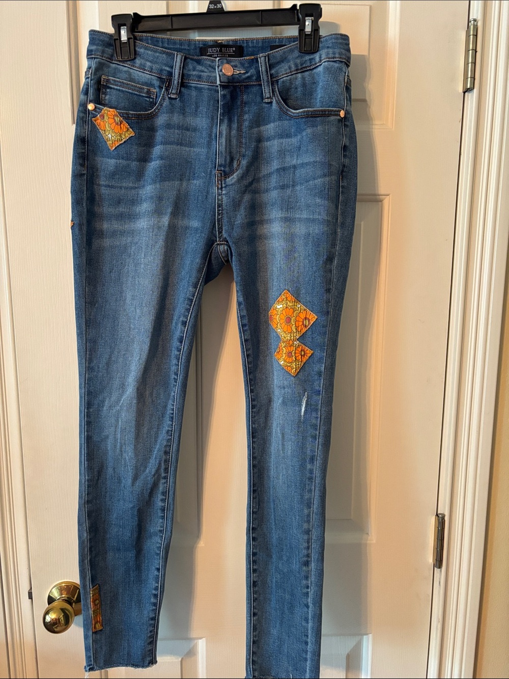 Judy Blue Medium Blue Skinny Jeans with Orange Patchwork Accents